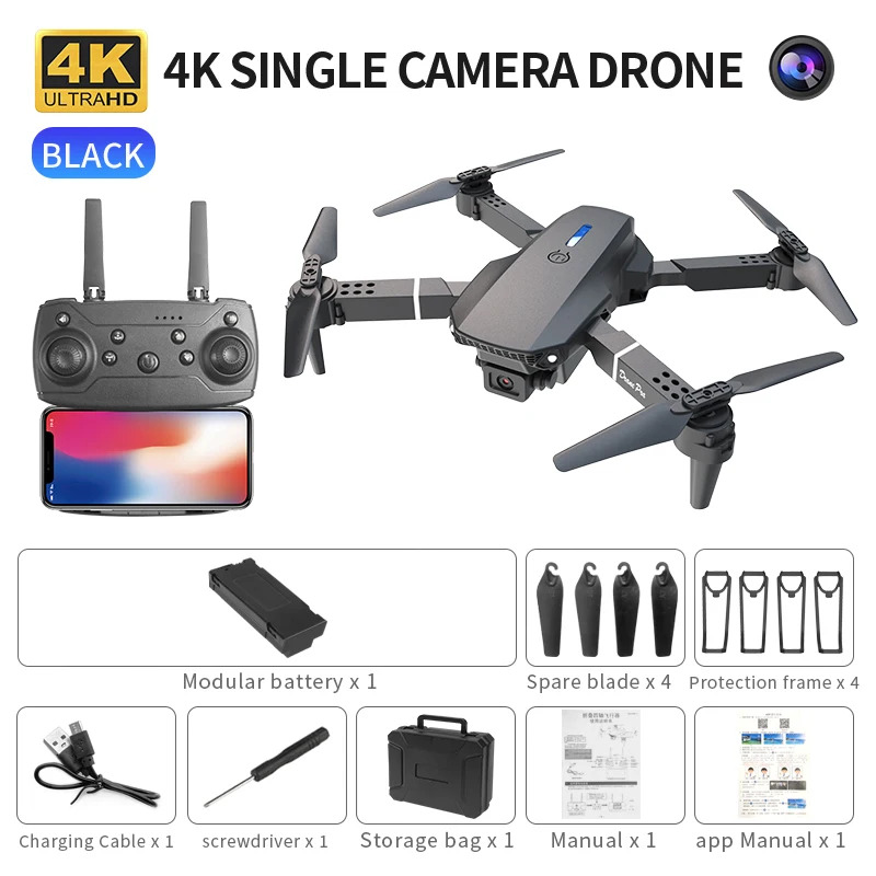 Drone Camera Lens - โดรนพับได้อัจฉริยะ E88 Pro รองรับการสลับกล้องเดี่ยว/คู่ คุณภาพภาพ 4K+การถ่ายภาพมุมกว้าง